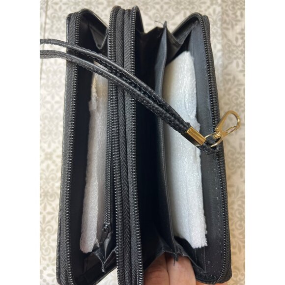 Black Zip-Around Wallet With Wrist Strap Pebbled Leather Logo Design - Picture 2 of 2